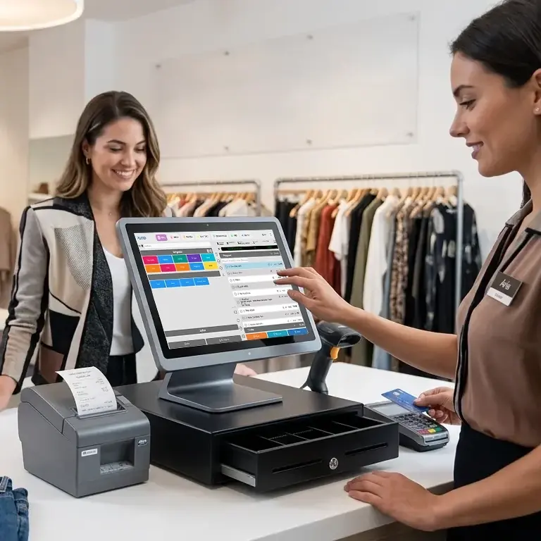 Εξυπηρέτηση πελάτισσας στο ταμείο με touch POS